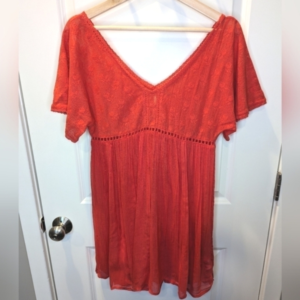 Free People Orange Red Babydoll Top Flutter Sleeve Tunic Length Size Small